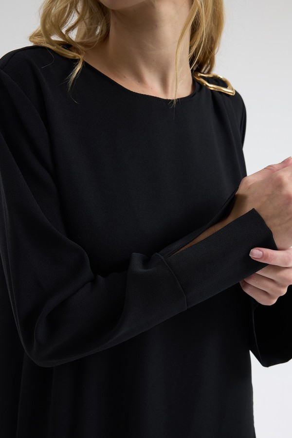 Omuz Tokalı Elbise - Siyah