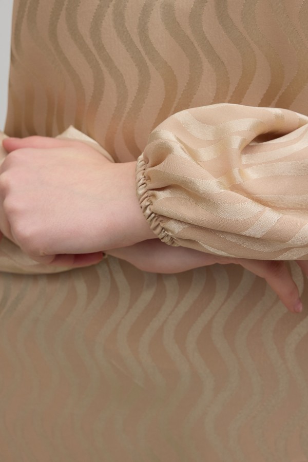 Yan Bağcık Detaylı Jakar Elbise - Bej