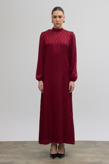 Yan Bağcık Detaylı Jakar Elbise - Bordo