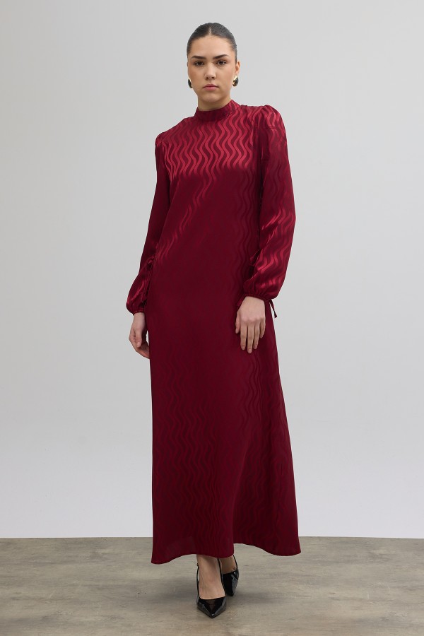 Yan Bağcık Detaylı Jakar Elbise - Bordo