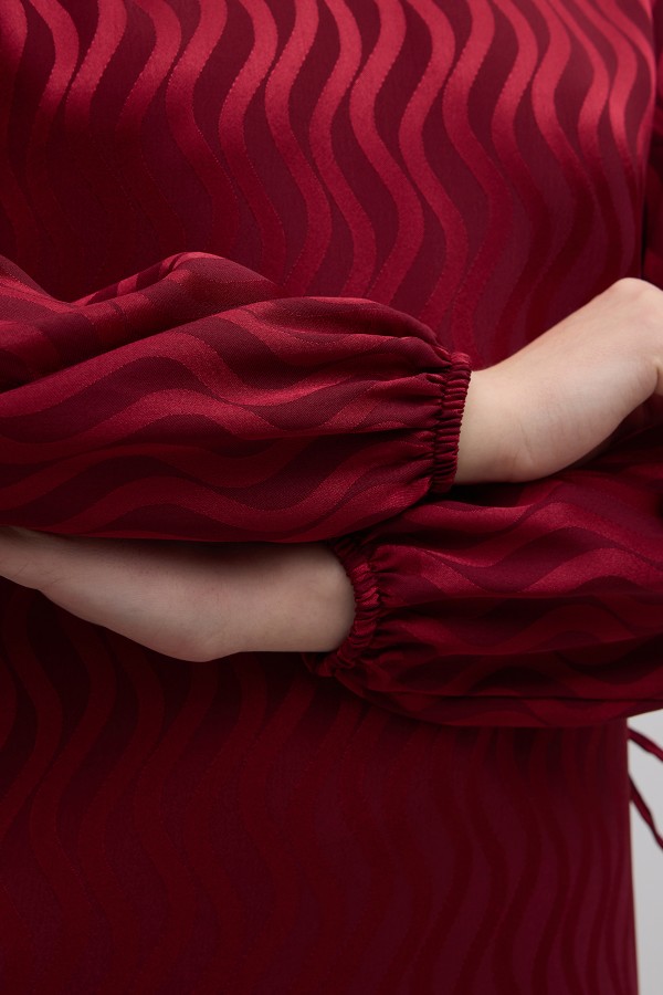Yan Bağcık Detaylı Jakar Elbise - Bordo