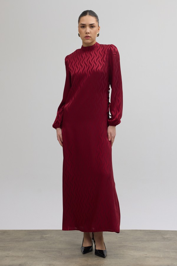Yan Bağcık Detaylı Jakar Elbise - Bordo
