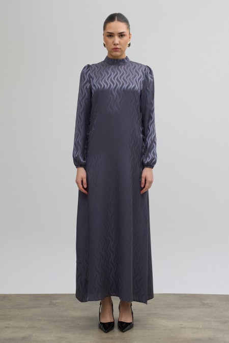 Yan Bağcık Detaylı Jakar Elbise - Gri