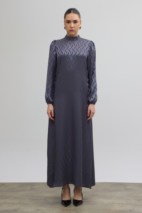 Yan Bağcık Detaylı Jakar Elbise - Gri