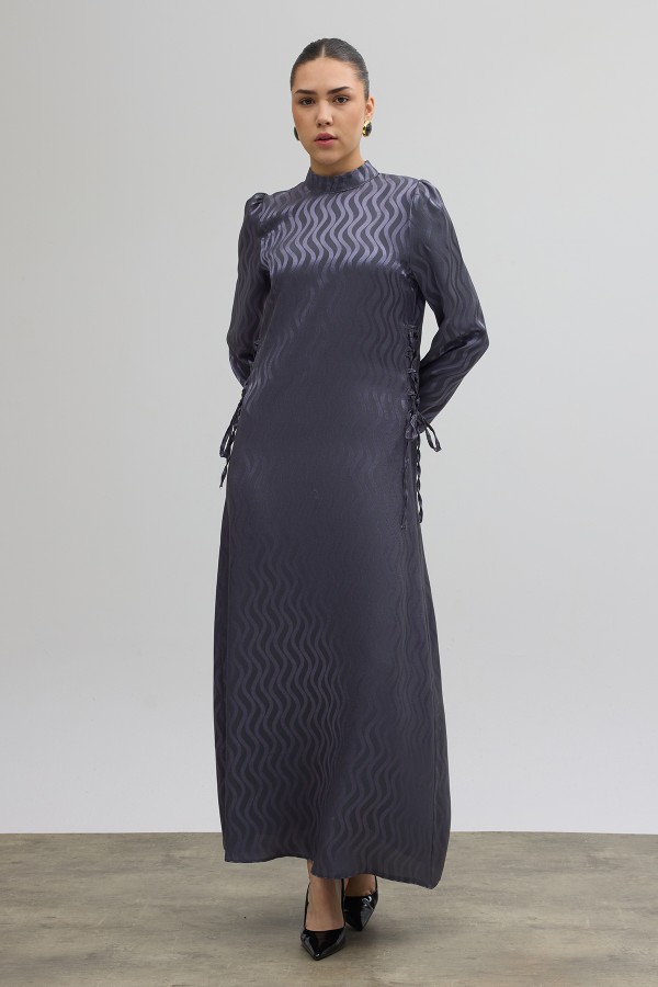 Yan Bağcık Detaylı Jakar Elbise - Gri