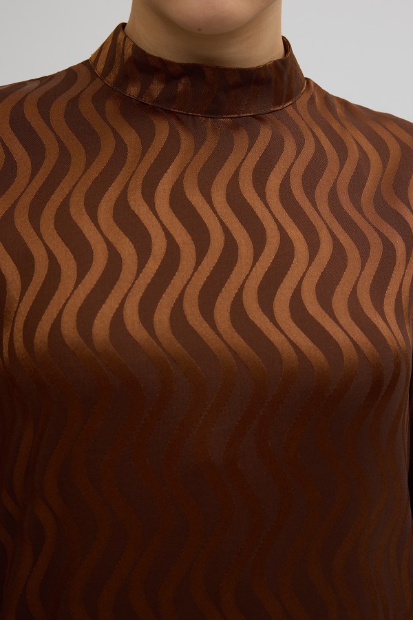 Yan Bağcık Detaylı Jakar Elbise - Kahve