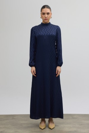 Yan Bağcık Detaylı Jakar Elbise - Lacivert