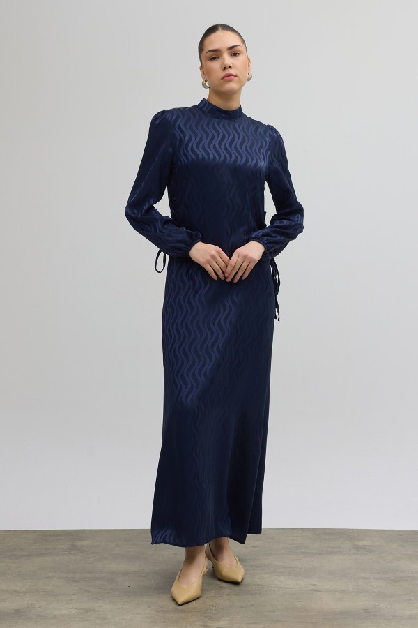 Yan Bağcık Detaylı Jakar Elbise - Lacivert
