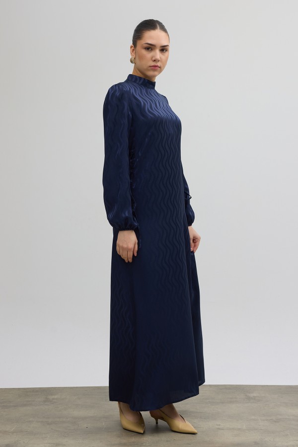 Yan Bağcık Detaylı Jakar Elbise - Lacivert