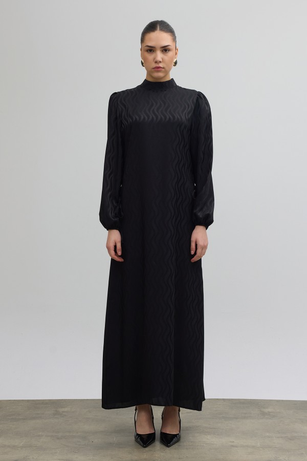 Yan Bağcık Detaylı Jakar Elbise - Siyah