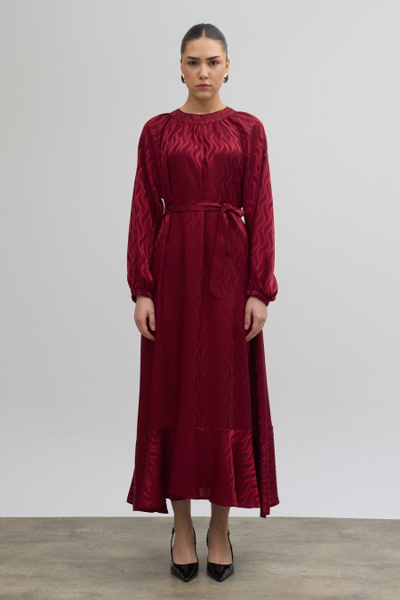 Kuşaklı Jakar Elbise - Bordo