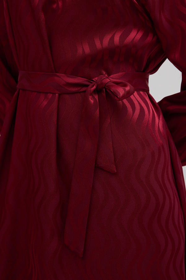 Kuşaklı Jakar Elbise - Bordo