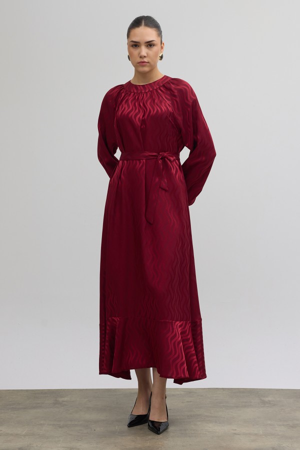 Kuşaklı Jakar Elbise - Bordo