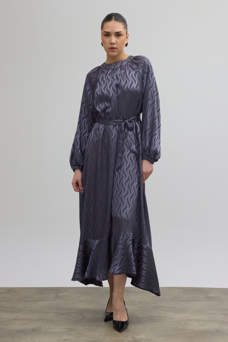 Kuşaklı Jakar Elbise - Gri