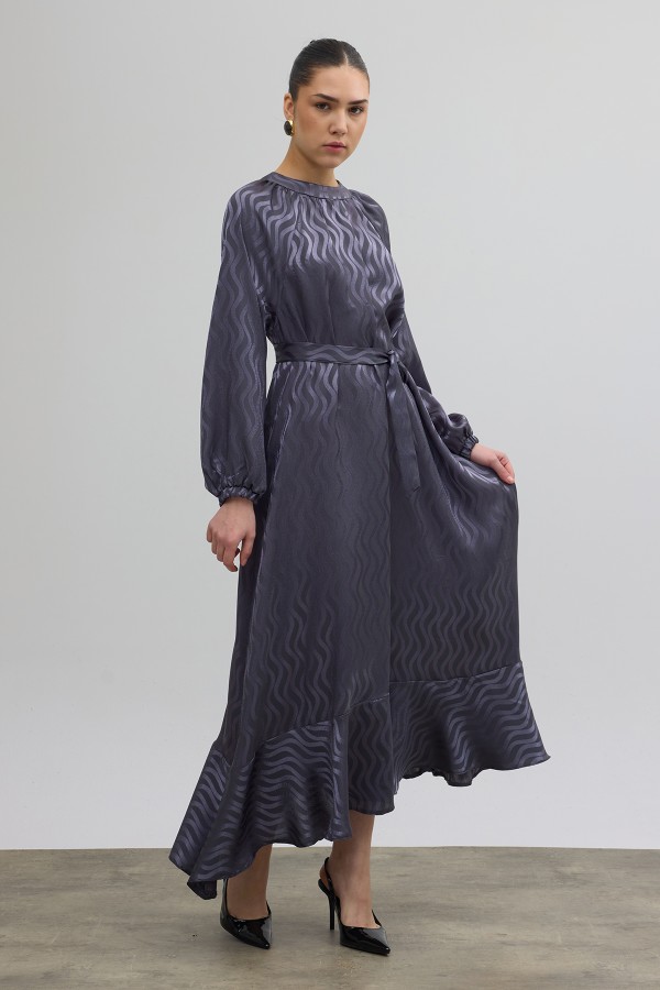 Kuşaklı Jakar Elbise - Gri