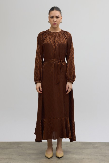 Kuşaklı Jakar Elbise - Kahve