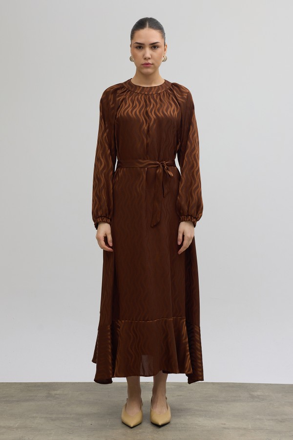 Kuşaklı Jakar Elbise - Kahve