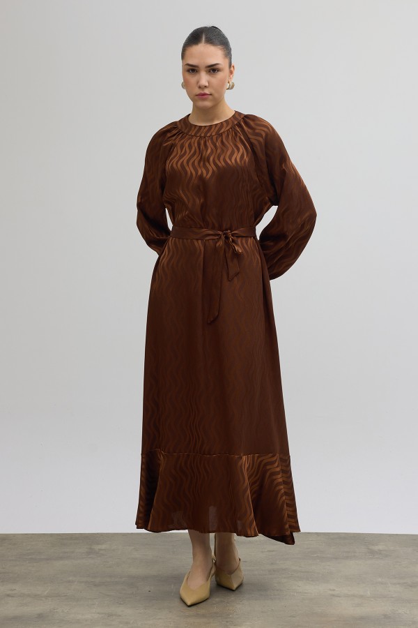 Kuşaklı Jakar Elbise - Kahve