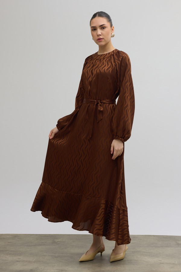 Kuşaklı Jakar Elbise - Kahve