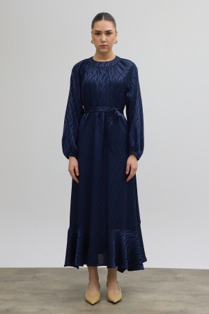 Kuşaklı Jakar Elbise - Lacivert
