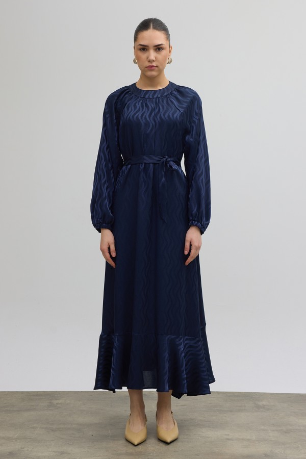 Kuşaklı Jakar Elbise - Lacivert