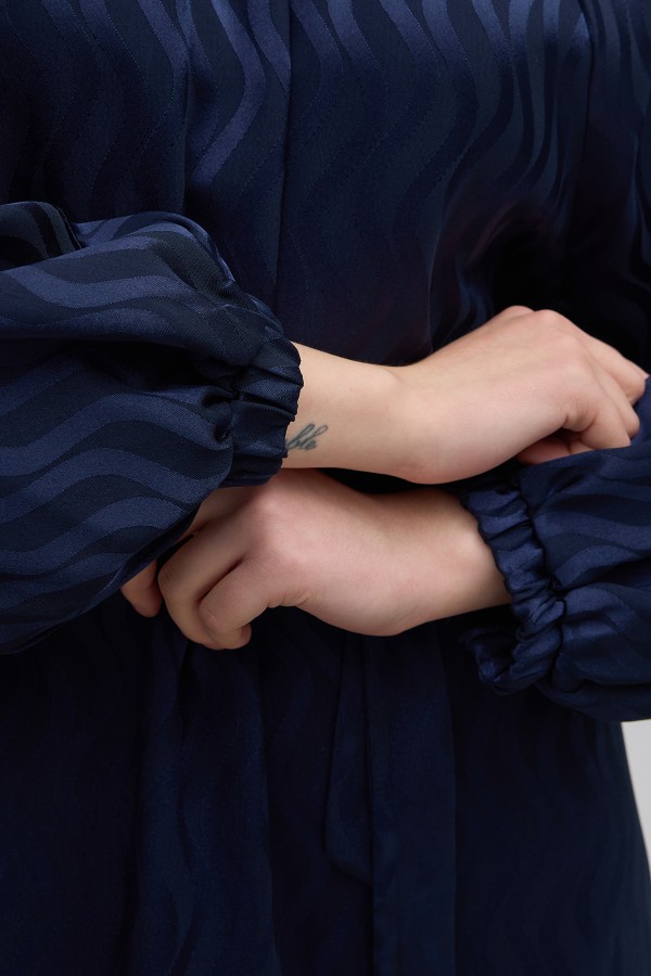 Kuşaklı Jakar Elbise - Lacivert