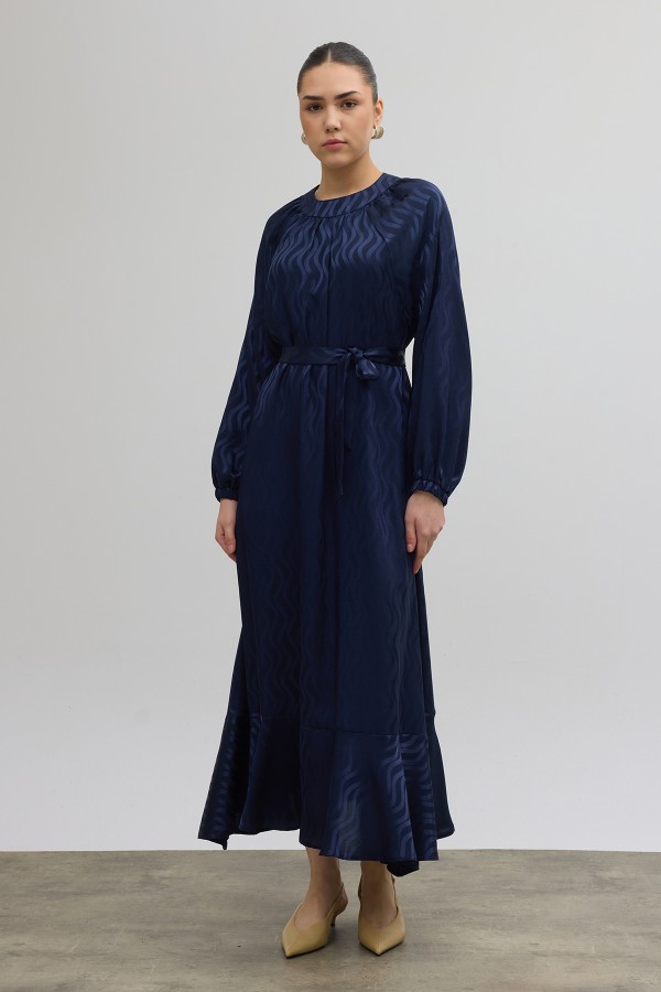 Kuşaklı Jakar Elbise - Lacivert