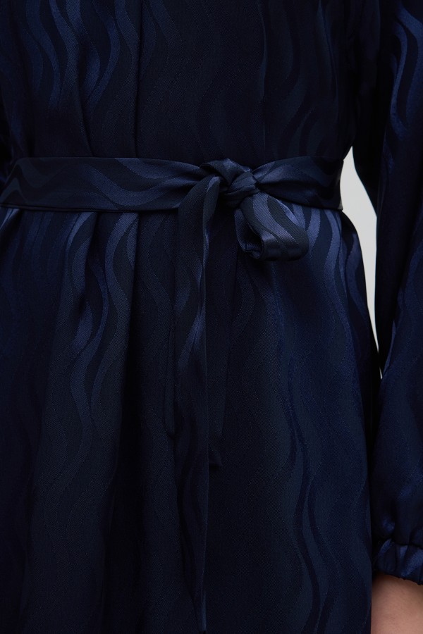 Kuşaklı Jakar Elbise - Lacivert