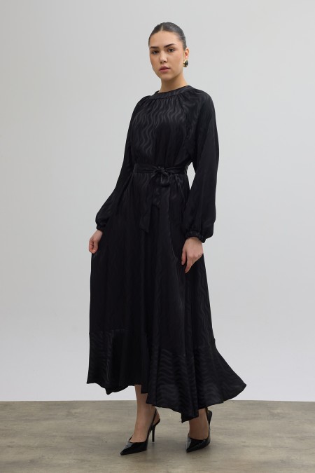 Kuşaklı Jakar Elbise - Siyah