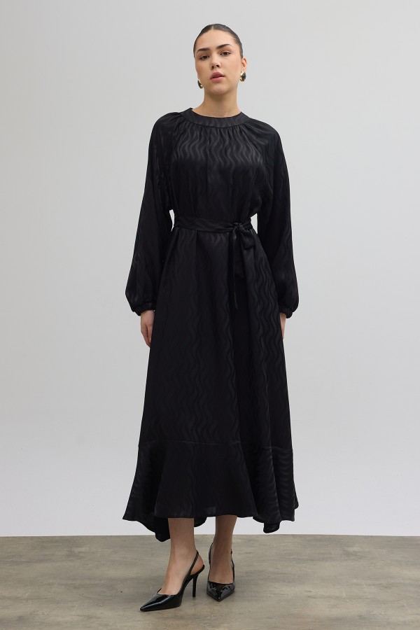 Kuşaklı Jakar Elbise - Siyah