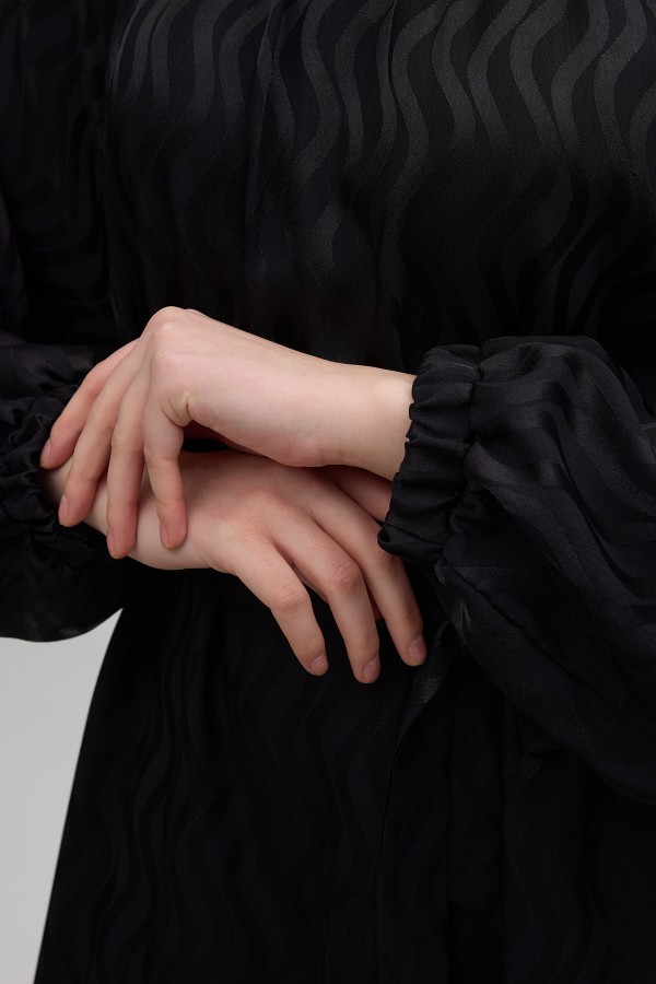 Kuşaklı Jakar Elbise - Siyah