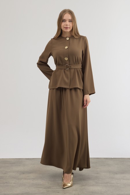 Gold Düğme Detaylı Etek Bluz Takım - Haki