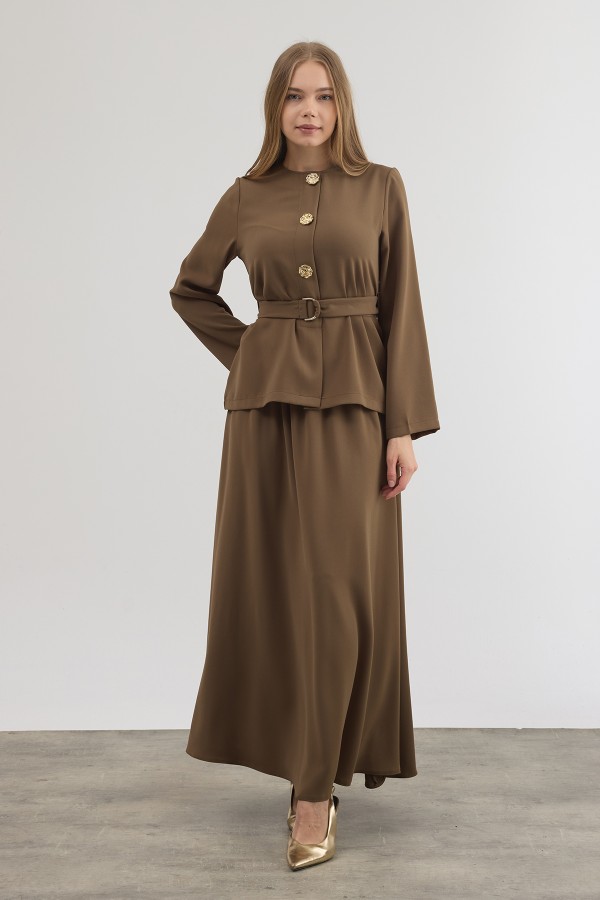 Skirt and Blouse Set with Gold Button Detail - Khaki