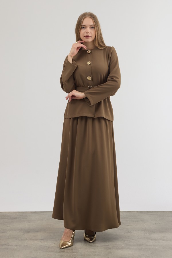 Gold Düğme Detaylı Etek Bluz Takım - Haki
