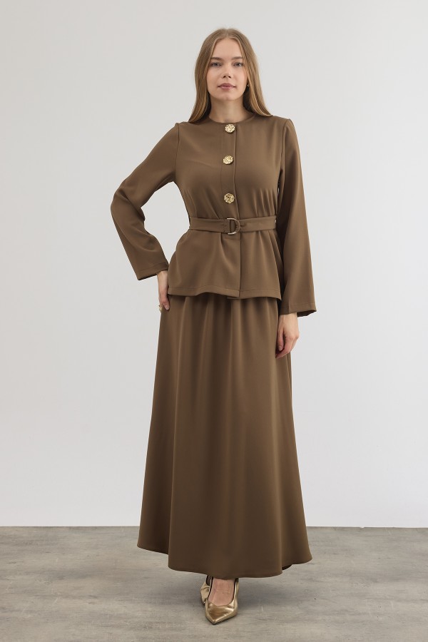 Gold Düğme Detaylı Etek Bluz Takım - Haki