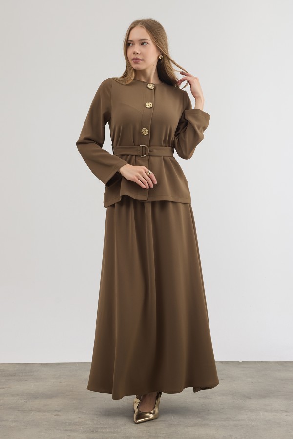 Gold Düğme Detaylı Etek Bluz Takım - Haki