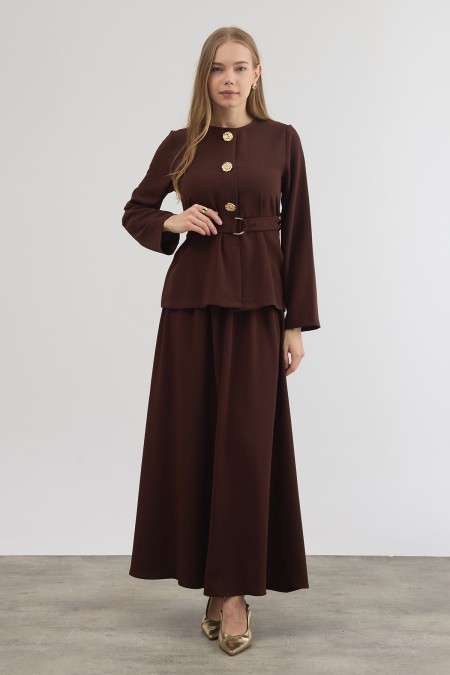 Gold Düğme Detaylı Etek Bluz Takım - Kahve