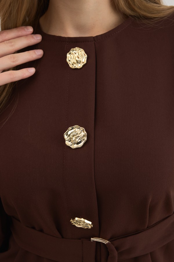 Gold Düğme Detaylı Etek Bluz Takım - Kahve