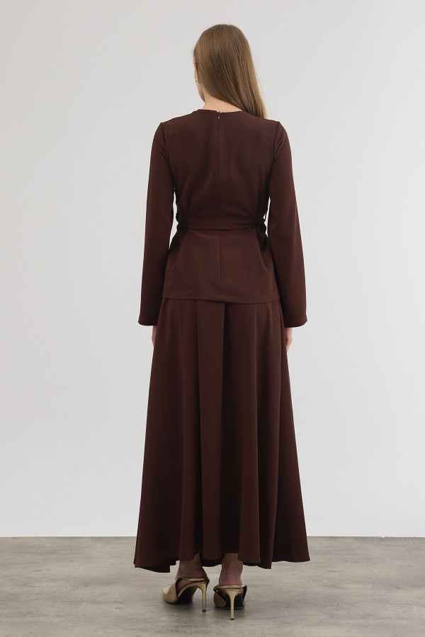 Gold Düğme Detaylı Etek Bluz Takım - Kahve