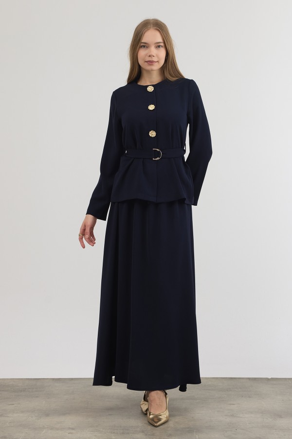 Skirt and Blouse Set with Gold Button Detail - Navy Blue