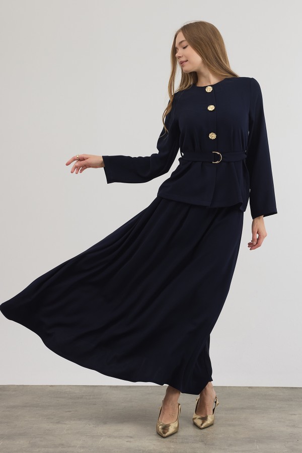 Gold Düğme Detaylı Etek Bluz Takım - Lacivert