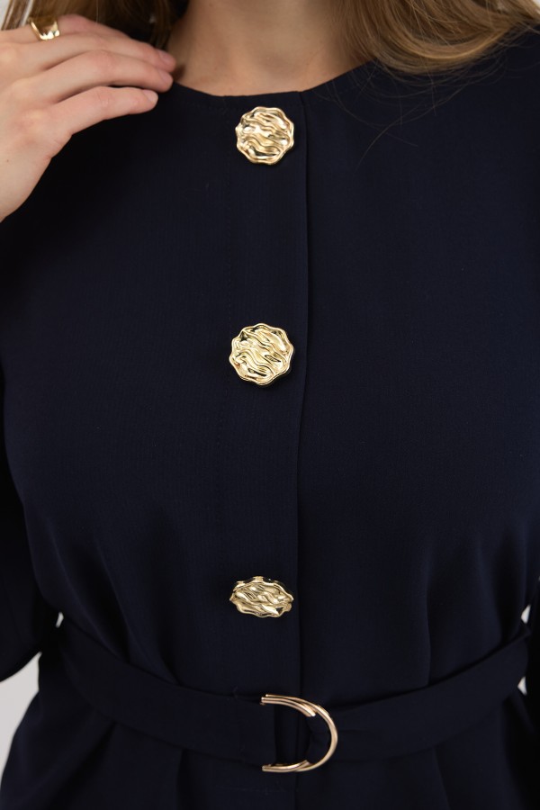 Gold Düğme Detaylı Etek Bluz Takım - Lacivert
