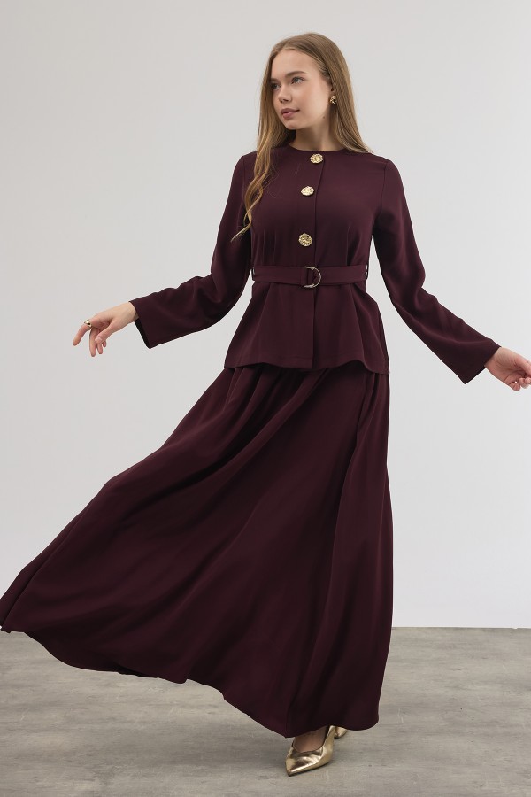 Skirt and Blouse Set with Gold Button Detail - Plum