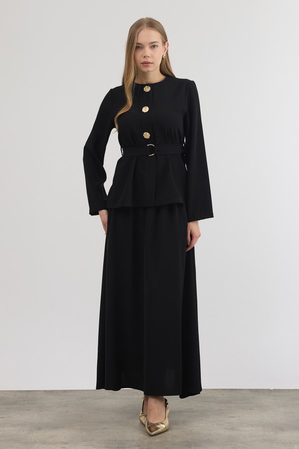 Skirt and Blouse Set with Gold Button Detail - Black