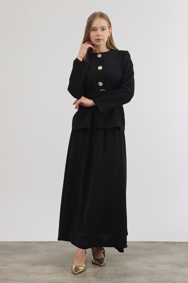 Gold Düğme Detaylı Etek Bluz Takım - Siyah