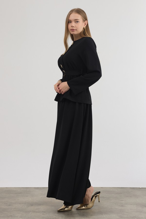 Gold Düğme Detaylı Etek Bluz Takım - Siyah