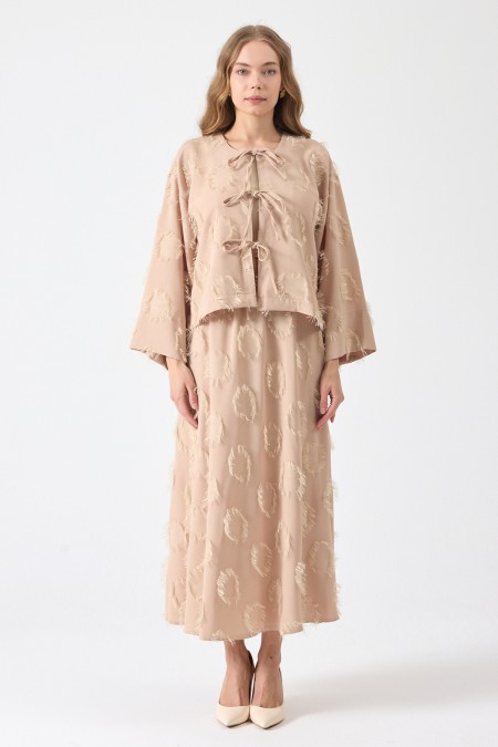 Tassel Detail Skirt and Blouse Set - Beige