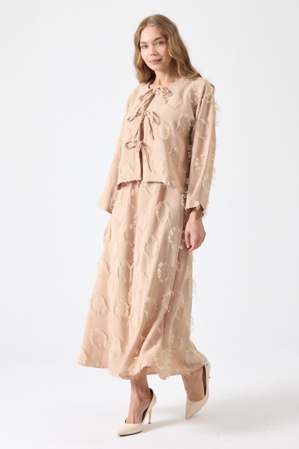 Püskül Detaylı Etek Bluz Takım - Bej