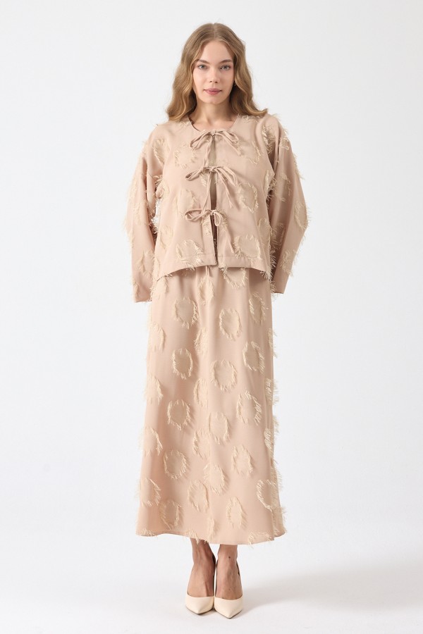 Püskül Detaylı Etek Bluz Takım - Bej