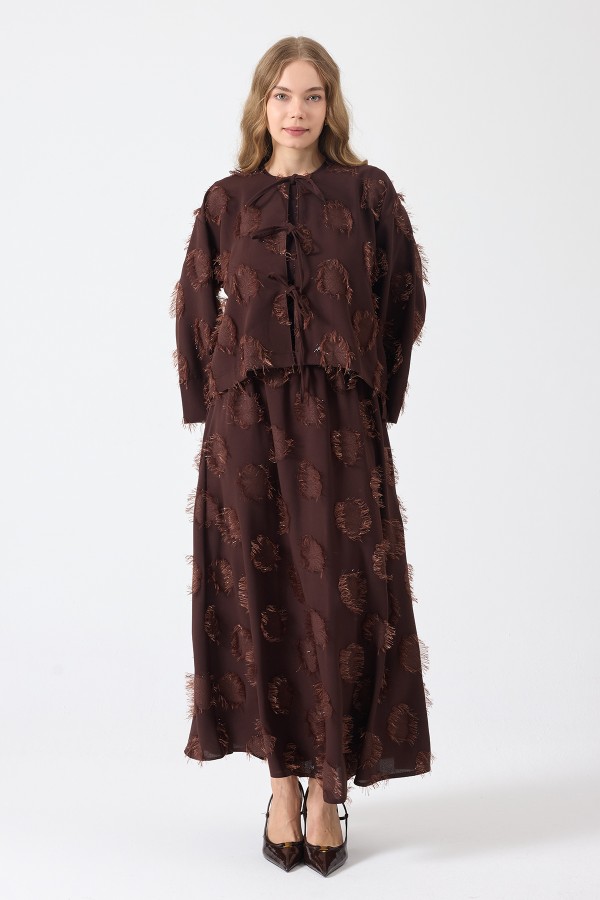 Püskül Detaylı Etek Bluz Takım - Kahve